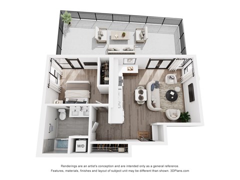 Floor plan for 1 bed, 1 bath, 640 sqft